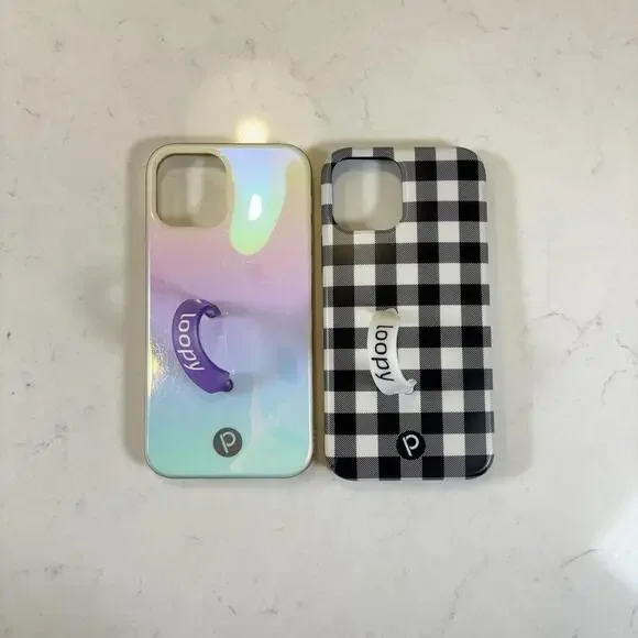Pair Of Two Loopy iPhone 12 Cases - iridescent and checker print - Picture 1 of 2